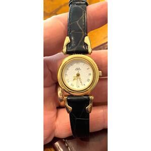Women's 27mm Gold Tone Anne Klein II Watch, Leather Band, Relief Pattern Face